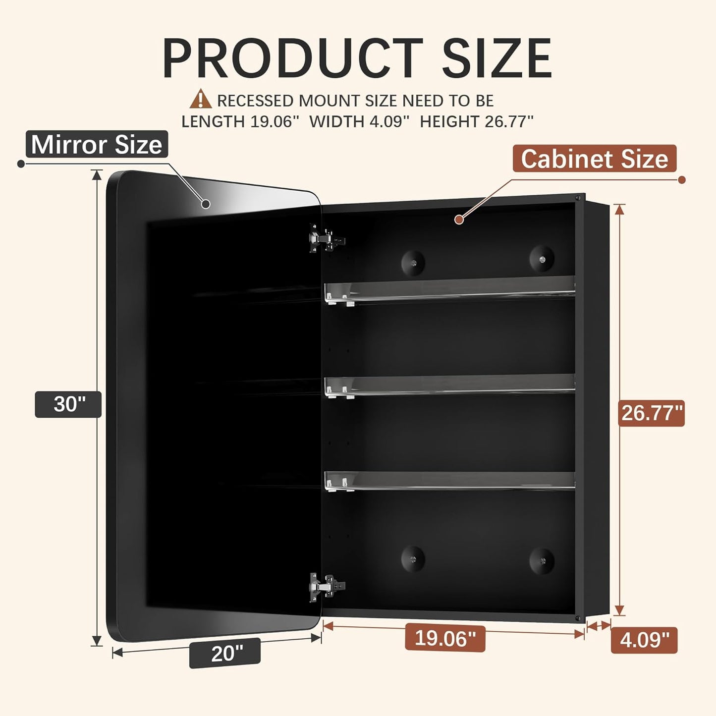 Recessed Medicine Cabinets for Bathroom with Mirror: 20 x 30 inch Large Surface Wall Mount Mirrored Vanity Chest with Storage -