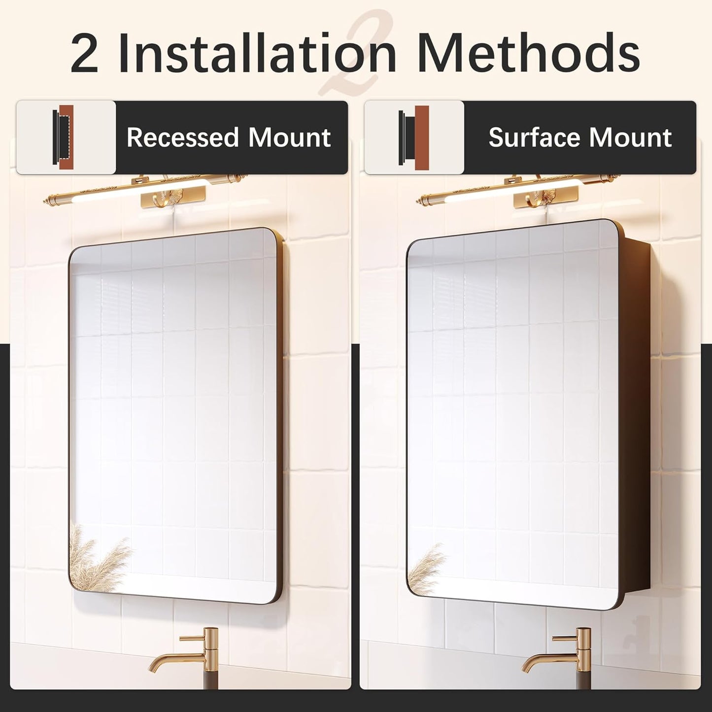 Recessed Medicine Cabinets for Bathroom with Mirror: 20 x 30 inch Large Surface Wall Mount Mirrored Vanity Chest with Storage -