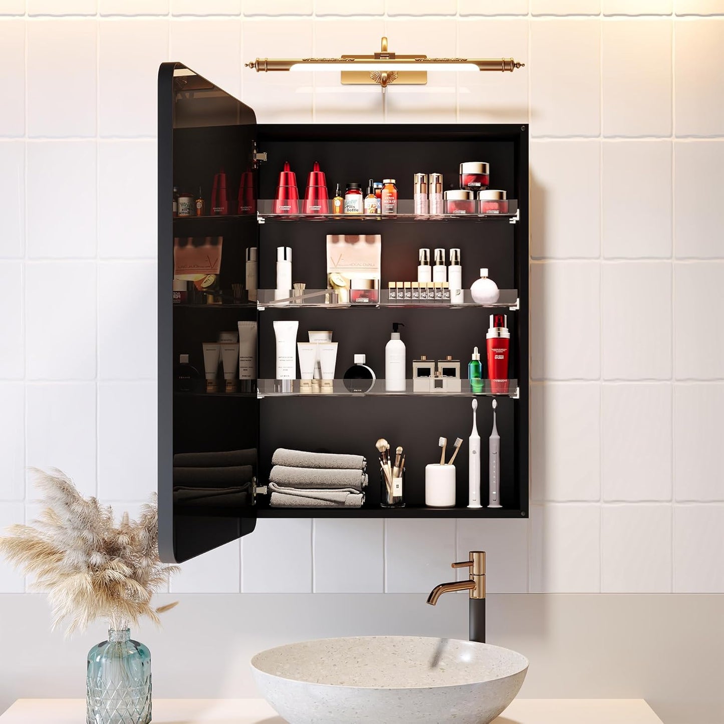 Recessed Medicine Cabinets for Bathroom with Mirror: 20 x 30 inch Large Surface Wall Mount Mirrored Vanity Chest with Storage -