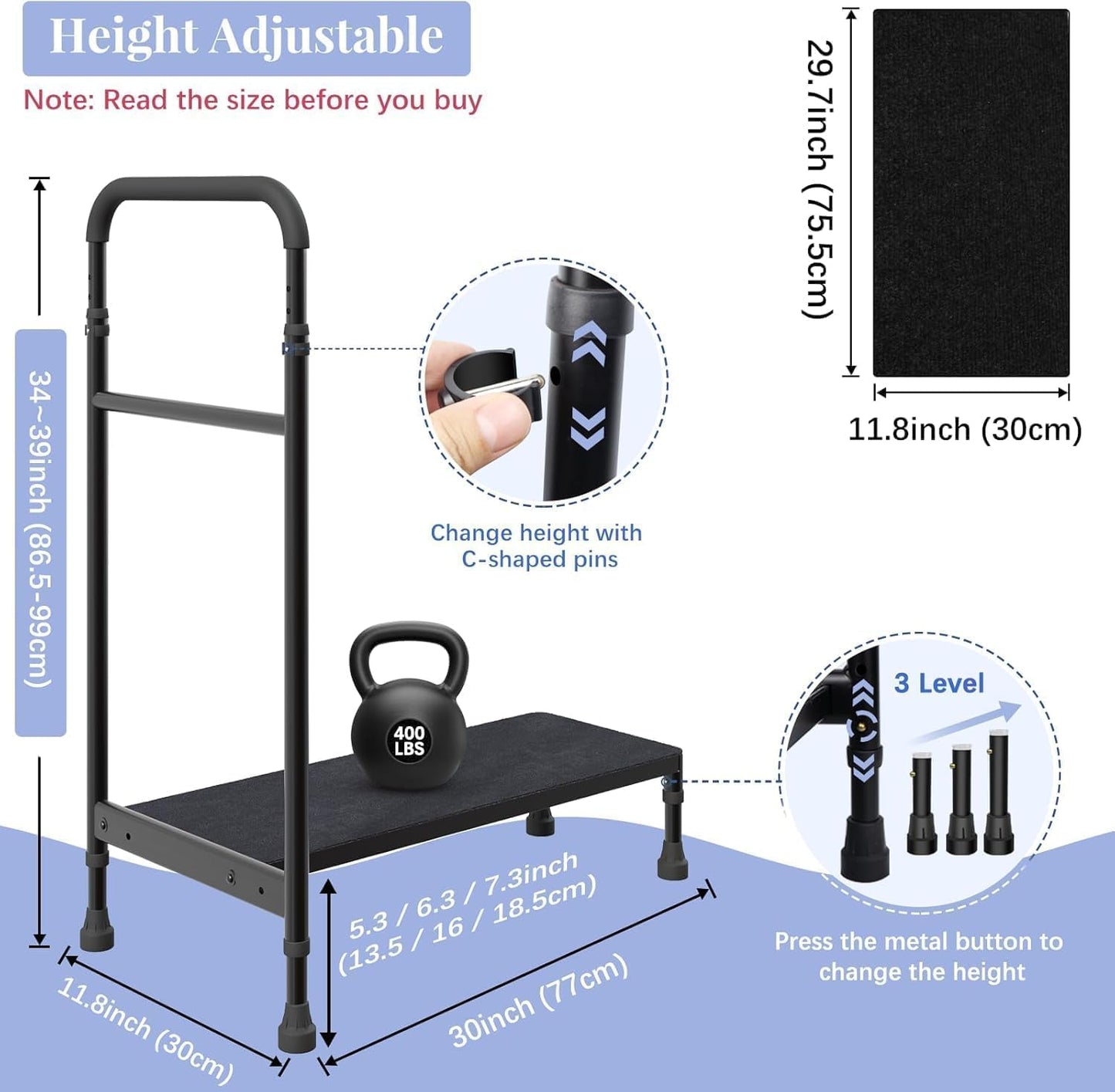 30.5' Long Bedside Step Stool with Handle for Elderly Seniors Adults, Bed Step with Adjustable Height