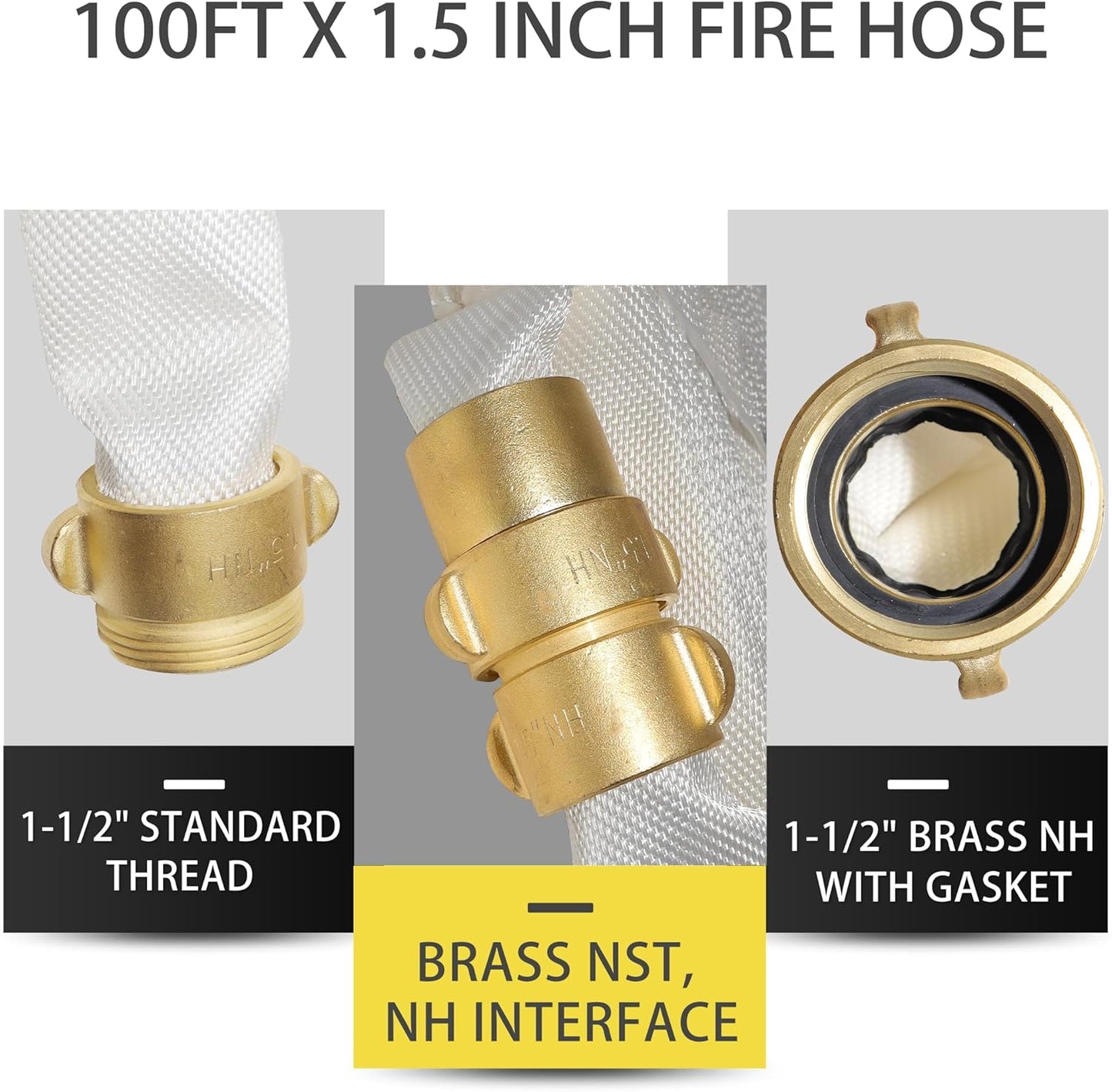 Fire Hose 100 FT x 1-1/2" ID, Brass NST, NH Interface, TPU, Polyester, Working Pressure 250 PSI, Burst Pressure 500 PSI, Ind