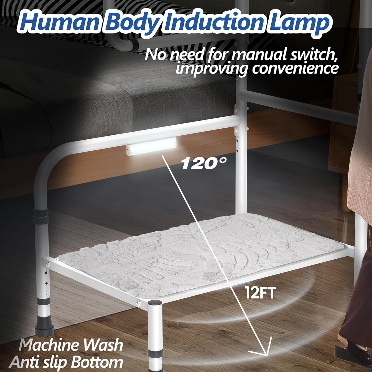 Bed Step Stool For Elderly/High, 360 Anti Fall Armrest Support 800 lbs, 8-Level Adjustable Height, with Storage Bag