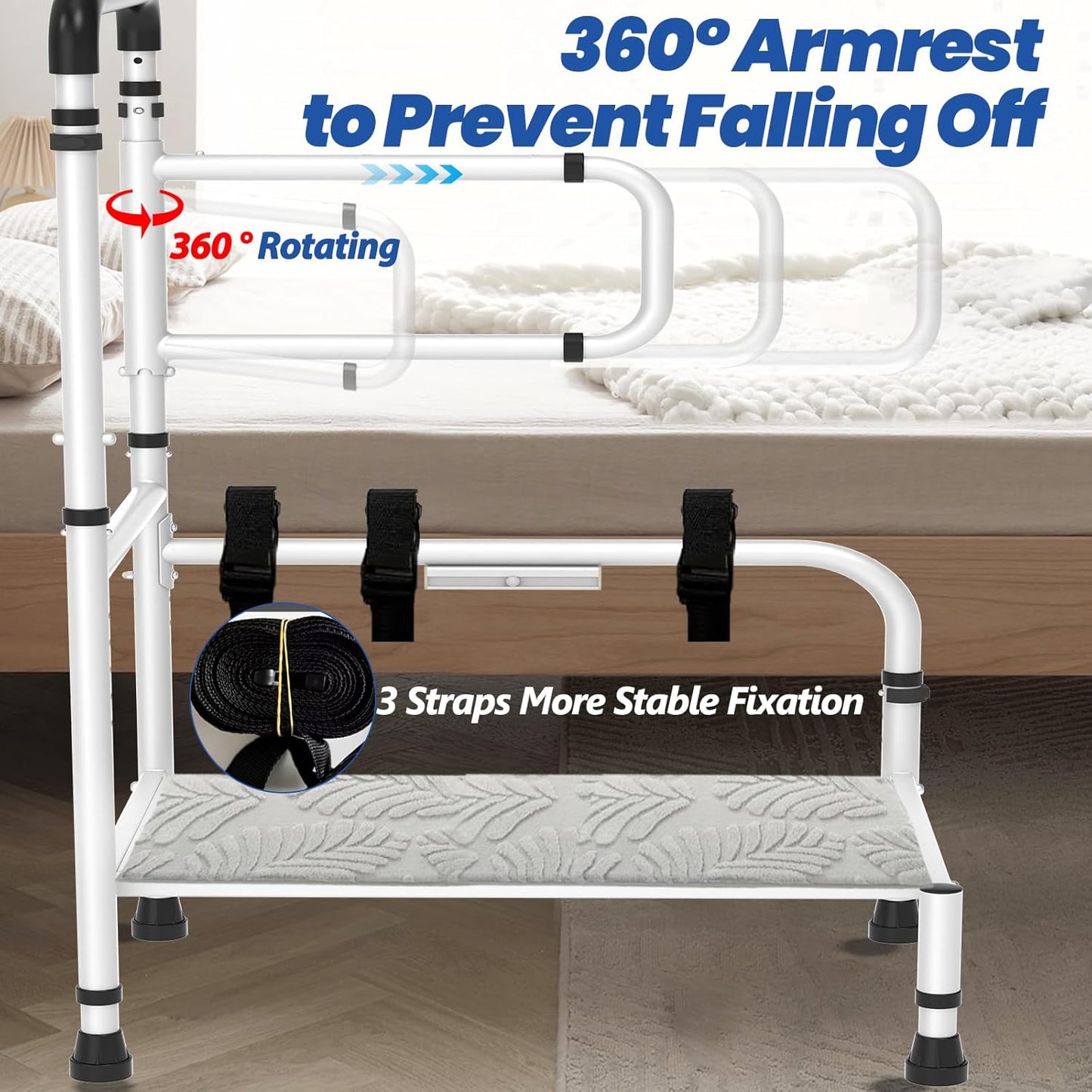 Bed Step Stool For Elderly/High, 360 Anti Fall Armrest Support 800 lbs, 8-Level Adjustable Height, with Storage Bag