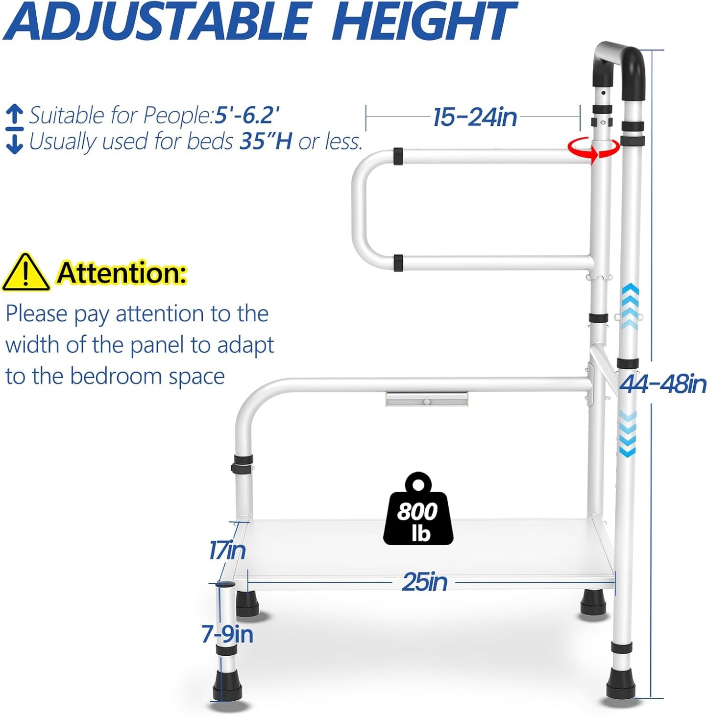 Bed Step Stool For Elderly/High, 360 Anti Fall Armrest Support 800 lbs, 8-Level Adjustable Height, with Storage Bag