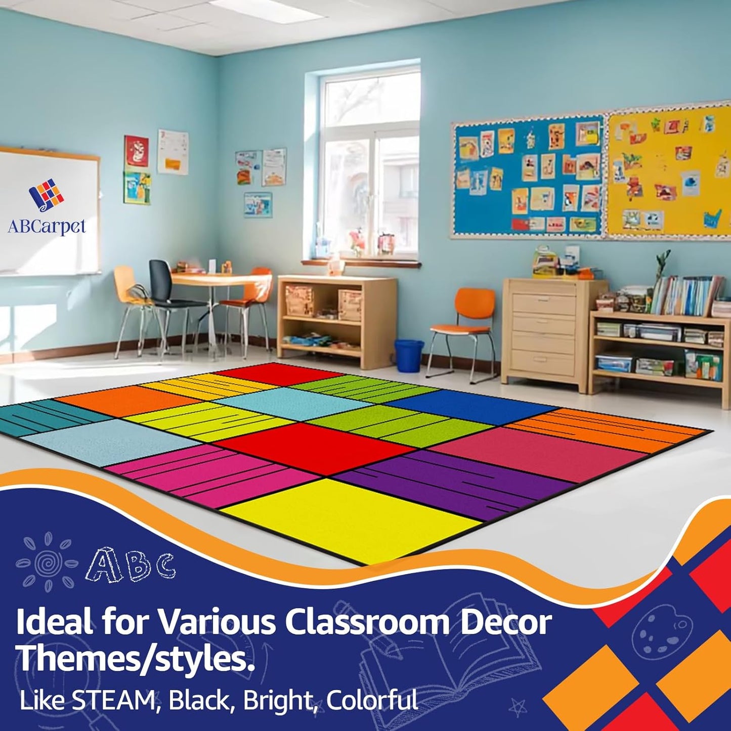 Small Classroom Rug, Seats16 Children, 6'x8' Non Slip Soft Washable Colorful Foldable Rug