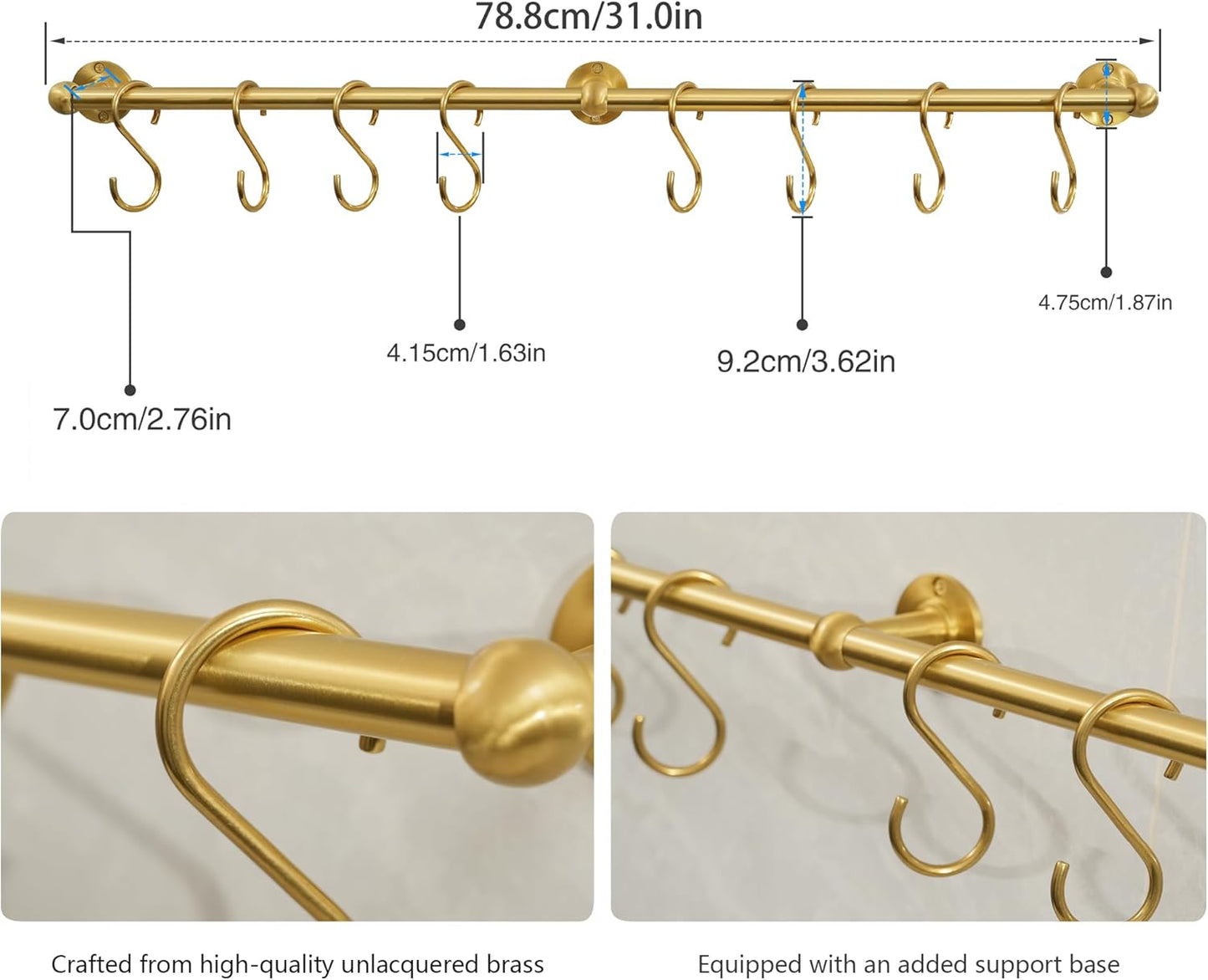 Brass Pot Rack with Hooks, 30 Inch, Wall Kitchen Mounted Organizer, Kitchen Hanging Hooks