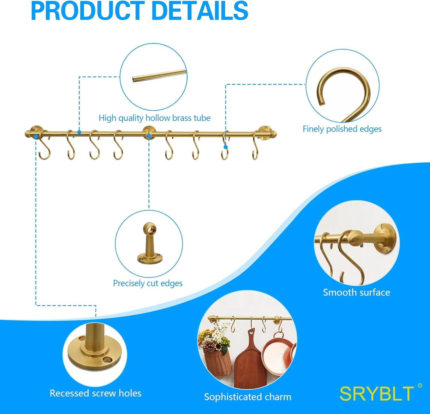 Brass Pot Rack with Hooks, 30 Inch, Wall Kitchen Mounted Organizer, Kitchen Hanging Hooks