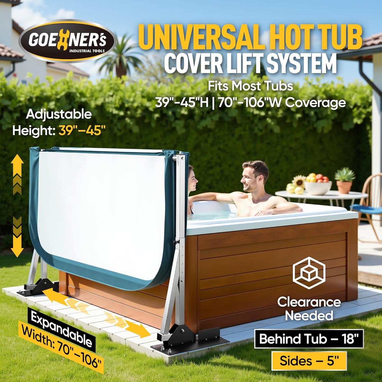 Hot Tub Cover Lifter, Rust-Proof, Adjustable Width 70-106', Heavy Duty, Easy Installation