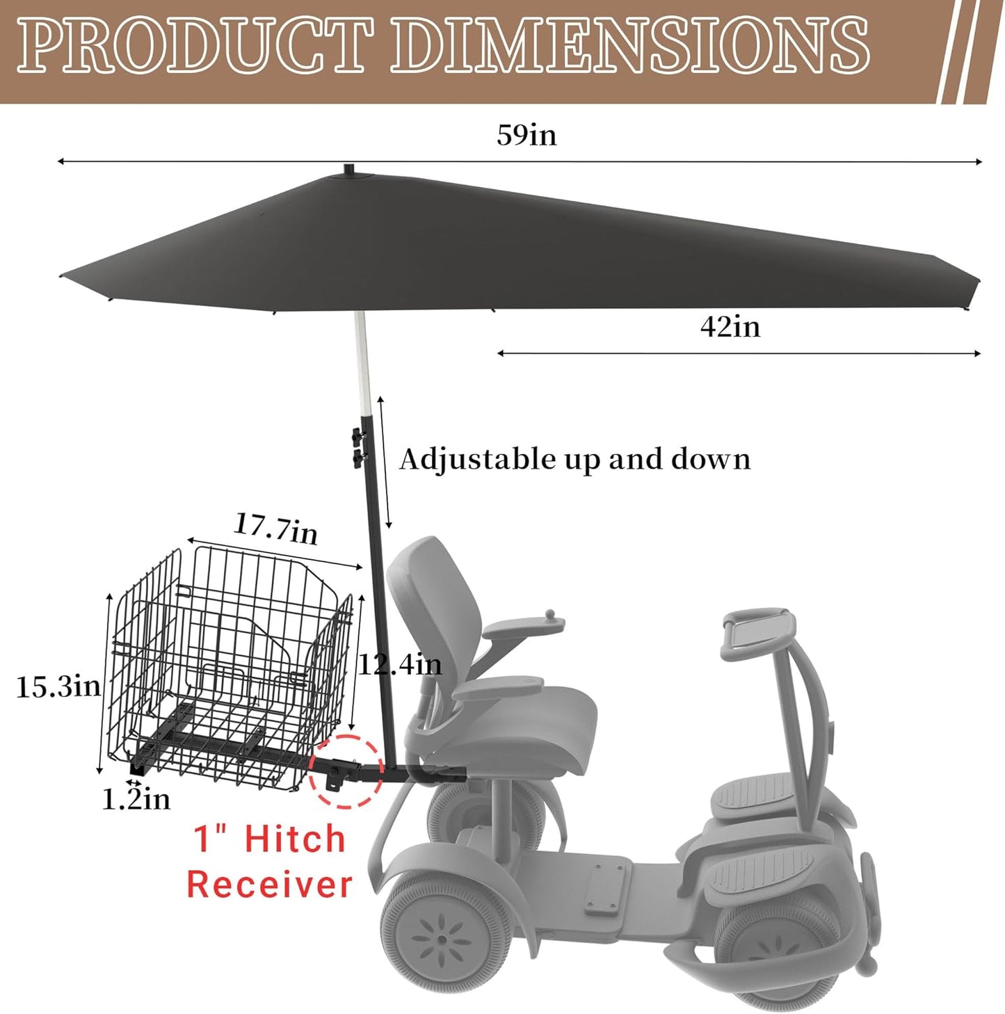 Mobility Scooter, Heavy Duty, Rear Basket and Adjustable Height Foldable Sunshade Canopy Set
