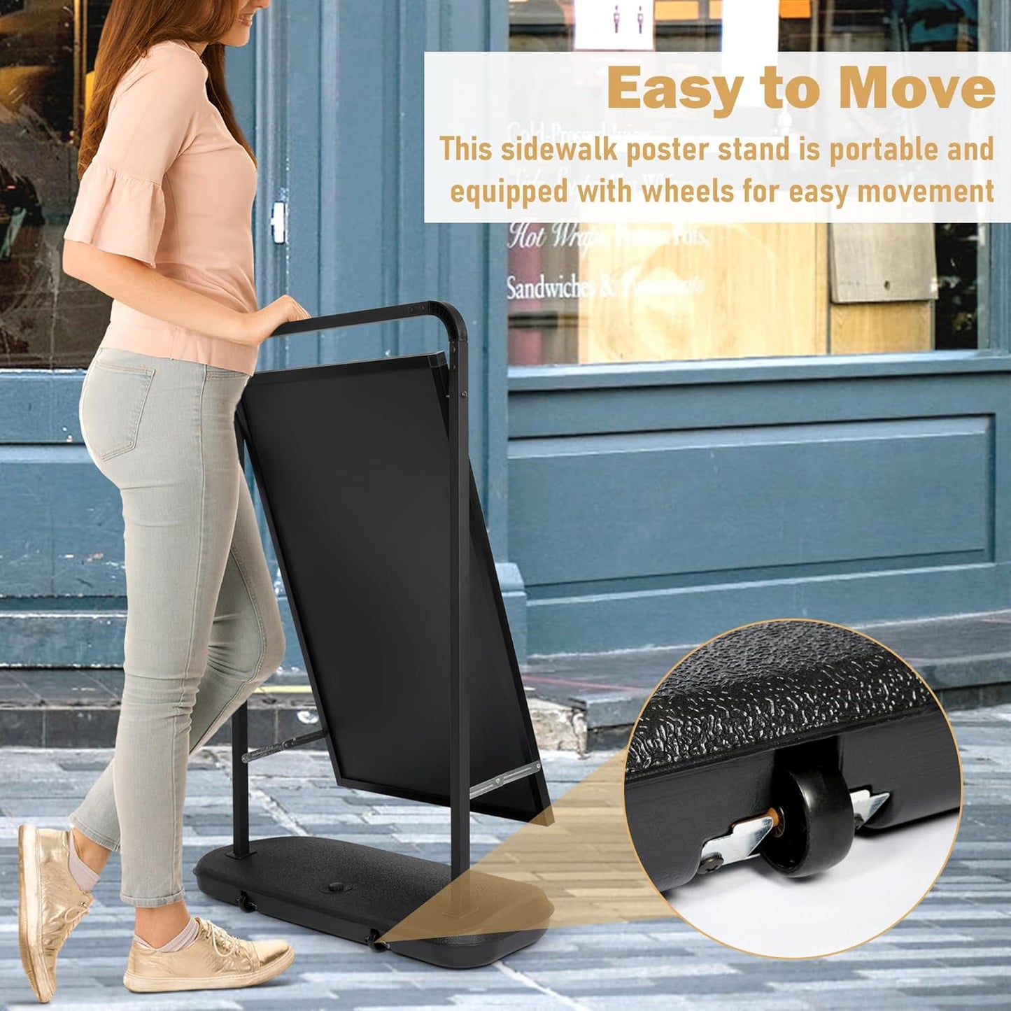 Sidewalk Sign Holder with Wheels, 24x36 Inch Poster, Black, Double Sided, Outdoor, Portable