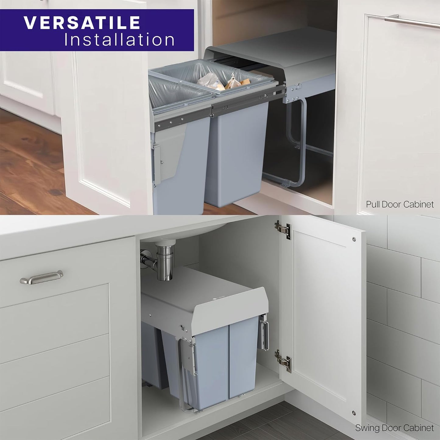 Under Counter Pull-Out Dual Trash Can System, 40L, Double Recycling Trash Can with Lid for Cabinet
