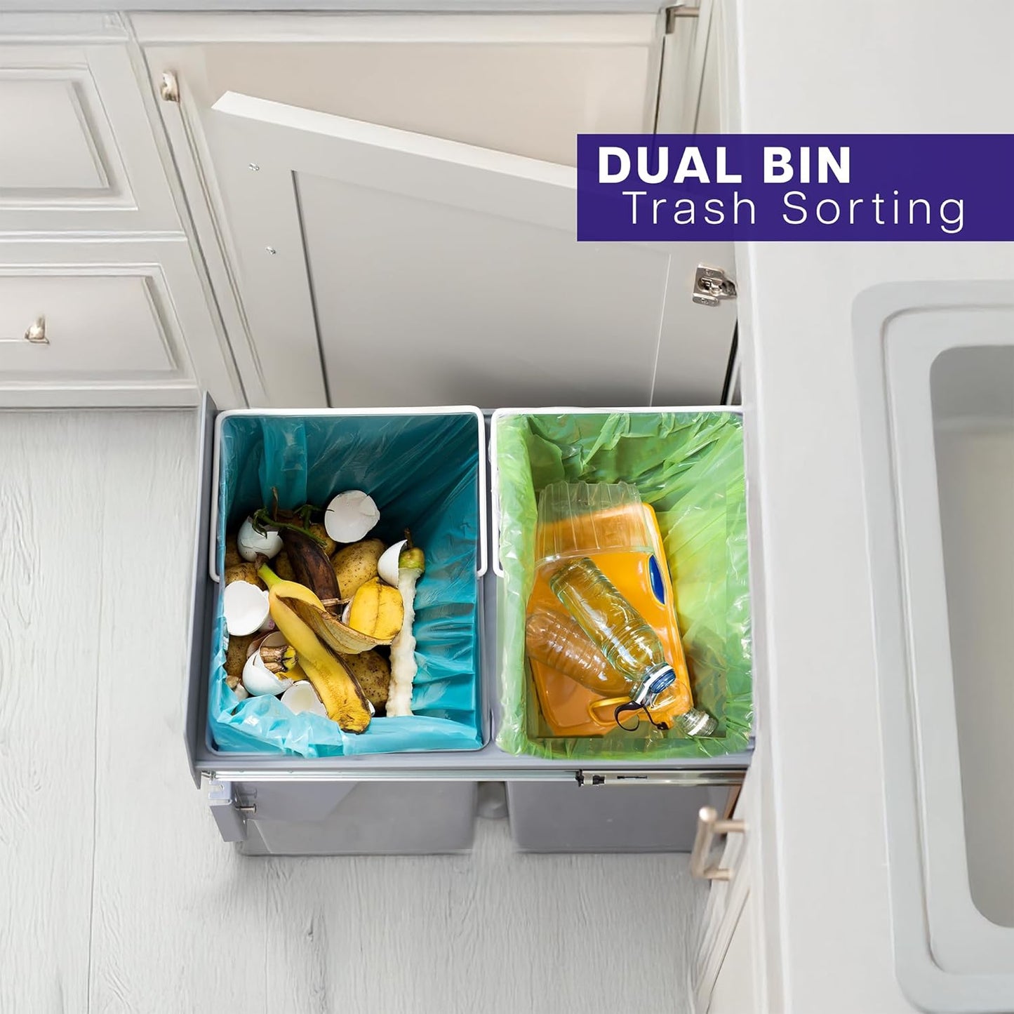 Under Counter Pull-Out Dual Trash Can System, 40L, Double Recycling Trash Can with Lid for Cabinet