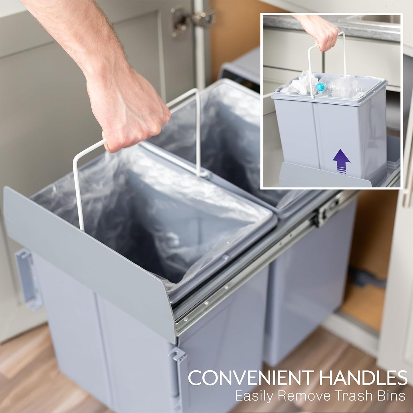 Under Counter Pull-Out Dual Trash Can System, 40L, Double Recycling Trash Can with Lid for Cabinet