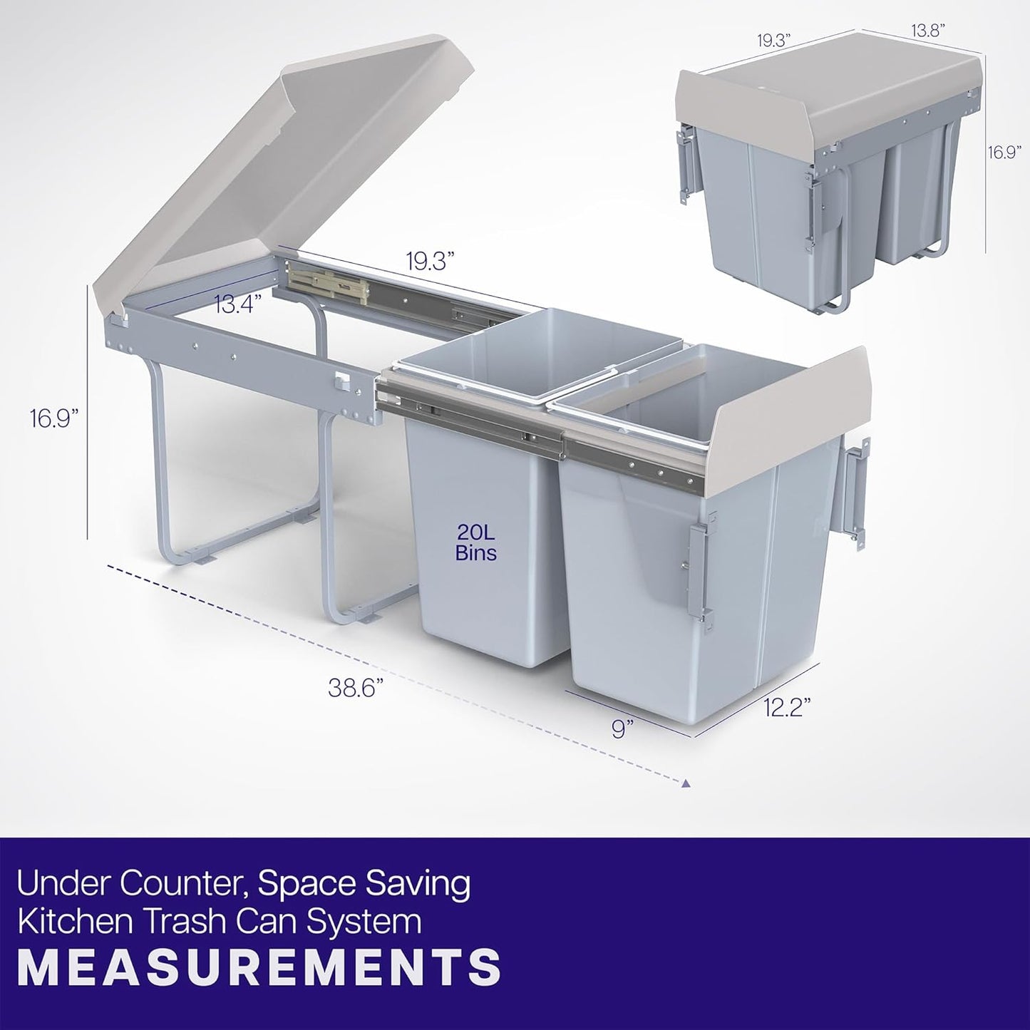 Under Counter Pull-Out Dual Trash Can System, 40L, Double Recycling Trash Can with Lid for Cabinet