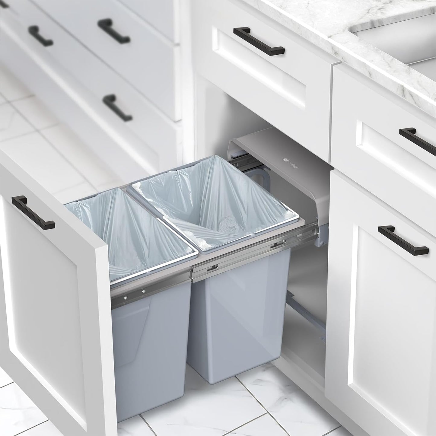 Under Counter Pull-Out Dual Trash Can System, 40L, Double Recycling Trash Can with Lid for Cabinet