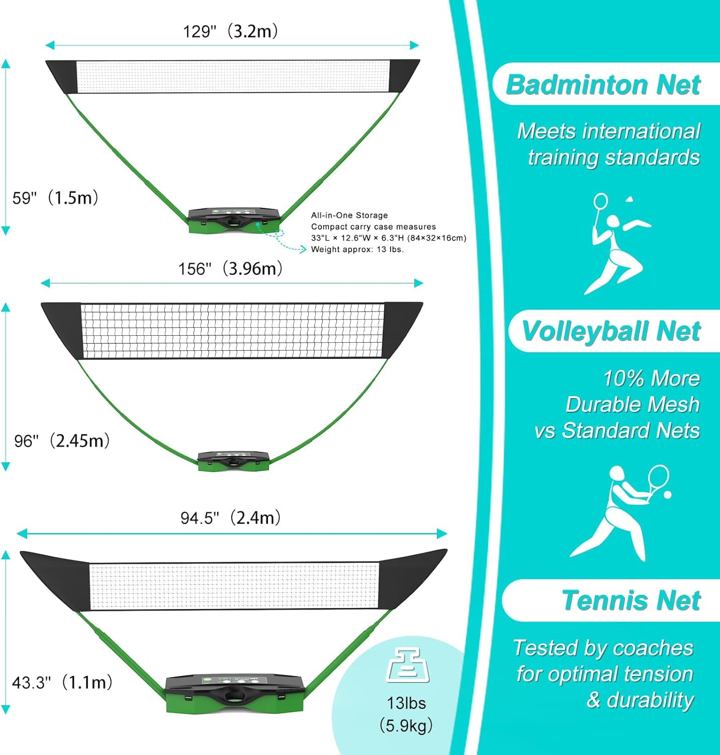 Portable Badminton Volleyball Tennis Net Set 3 in1 with1 Volleyball, Raquets, Accessories