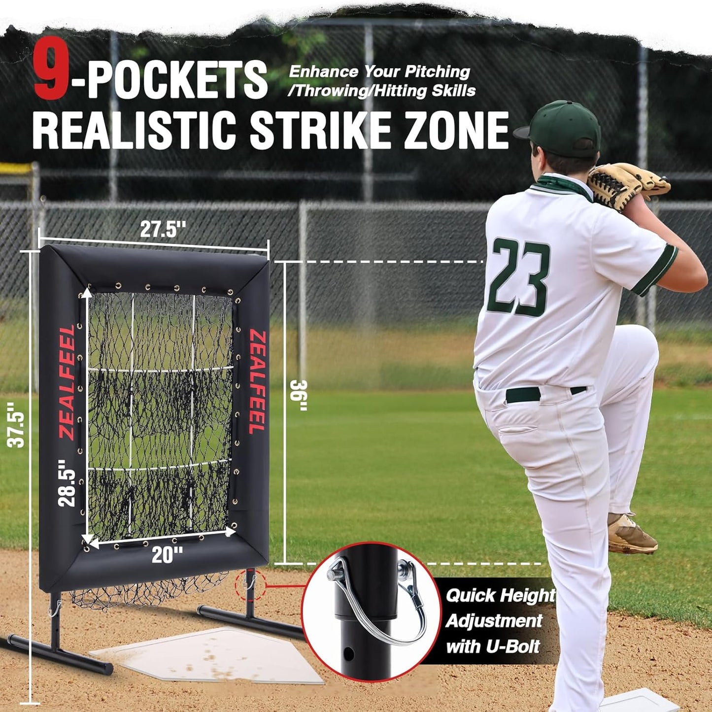 Baseball Pitching Net Pro, 9 Hole Pitching Net with Target, Adjustable, Portable, Easy Setup