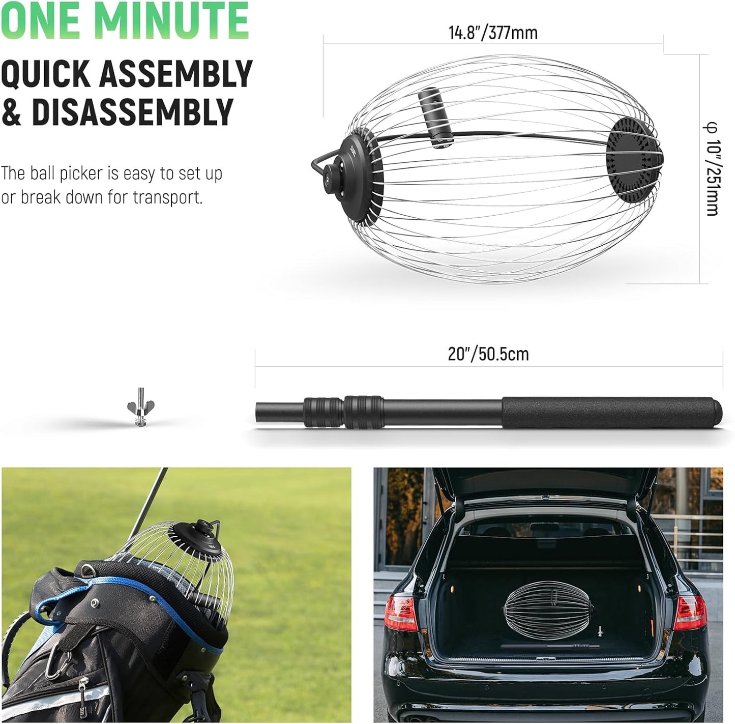 Tennis Ball Hopper, 30-58' Telescopic Golf Ball Retriever Pickleball Picker Upper, Rolling Collector Basket