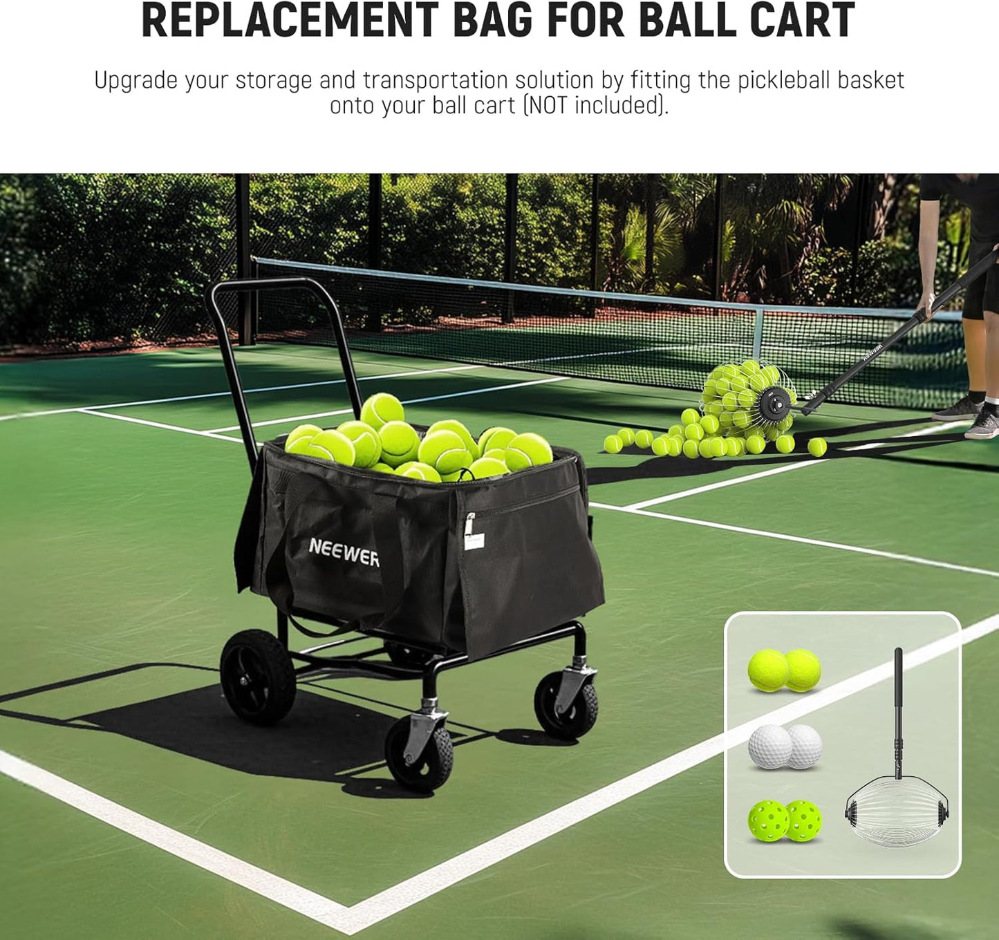 Tennis Ball Hopper, 30-58' Telescopic Golf Ball Retriever Pickleball Picker Upper, Rolling Collector Basket