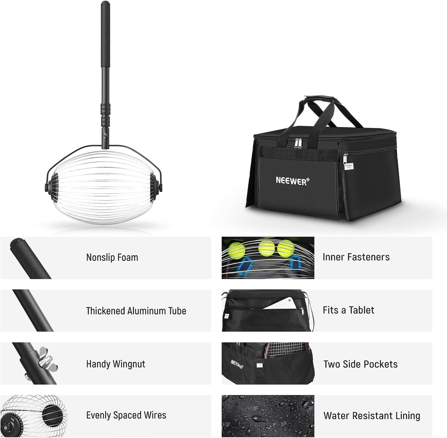 Tennis Ball Hopper, 30-58' Telescopic Golf Ball Retriever Pickleball Picker Upper, Rolling Collector Basket