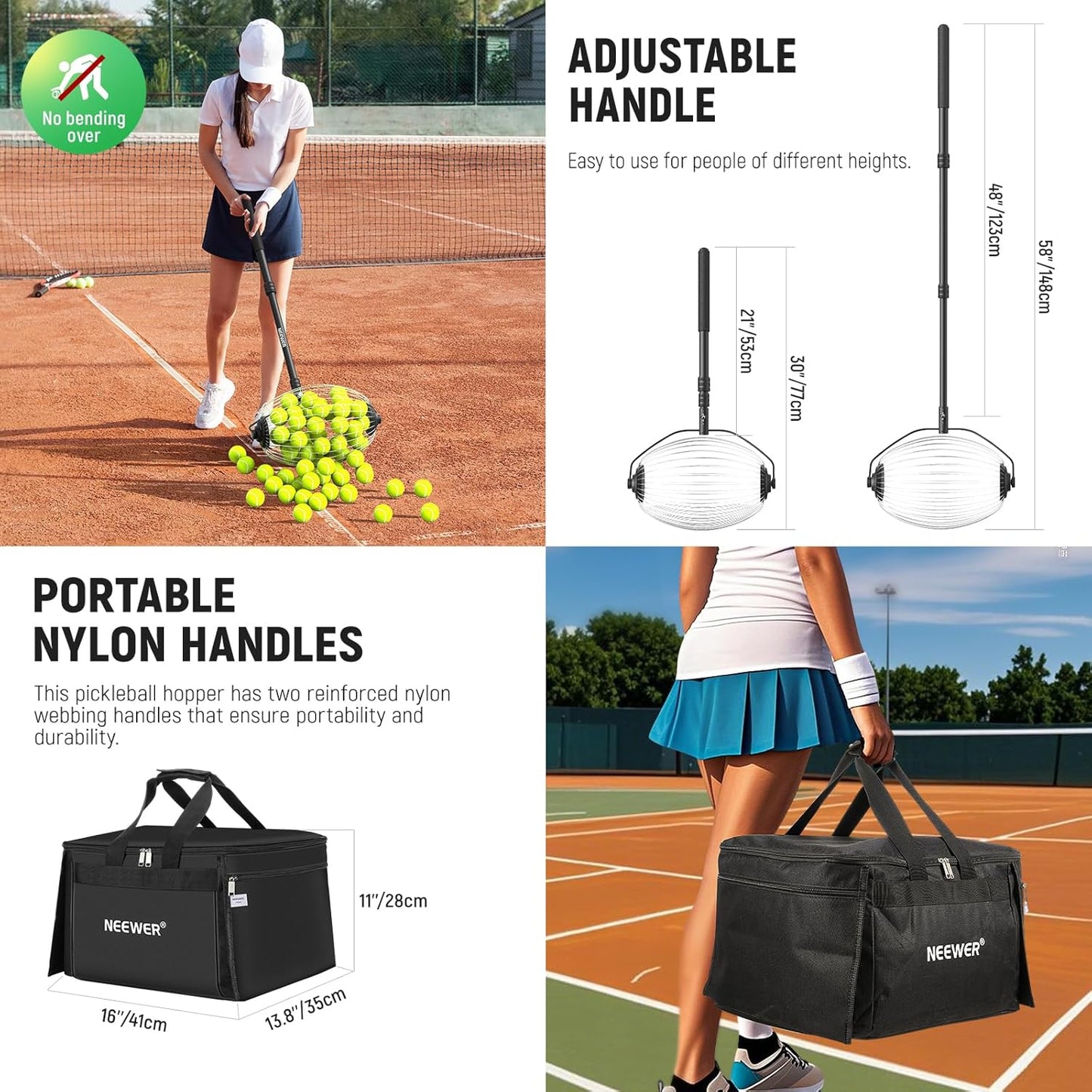 Tennis Ball Hopper, 30-58' Telescopic Golf Ball Retriever Pickleball Picker Upper, Rolling Collector Basket