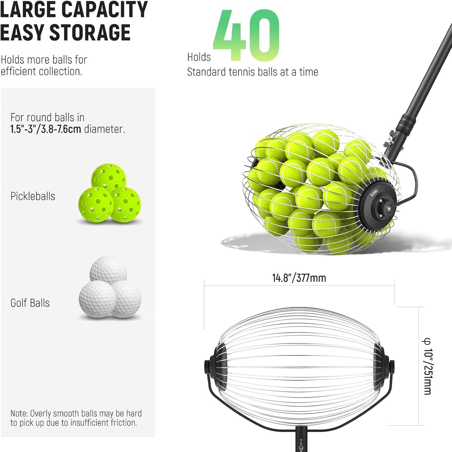 Tennis Ball Hopper, 30-58' Telescopic Golf Ball Retriever Pickleball Picker Upper, Rolling Collector Basket