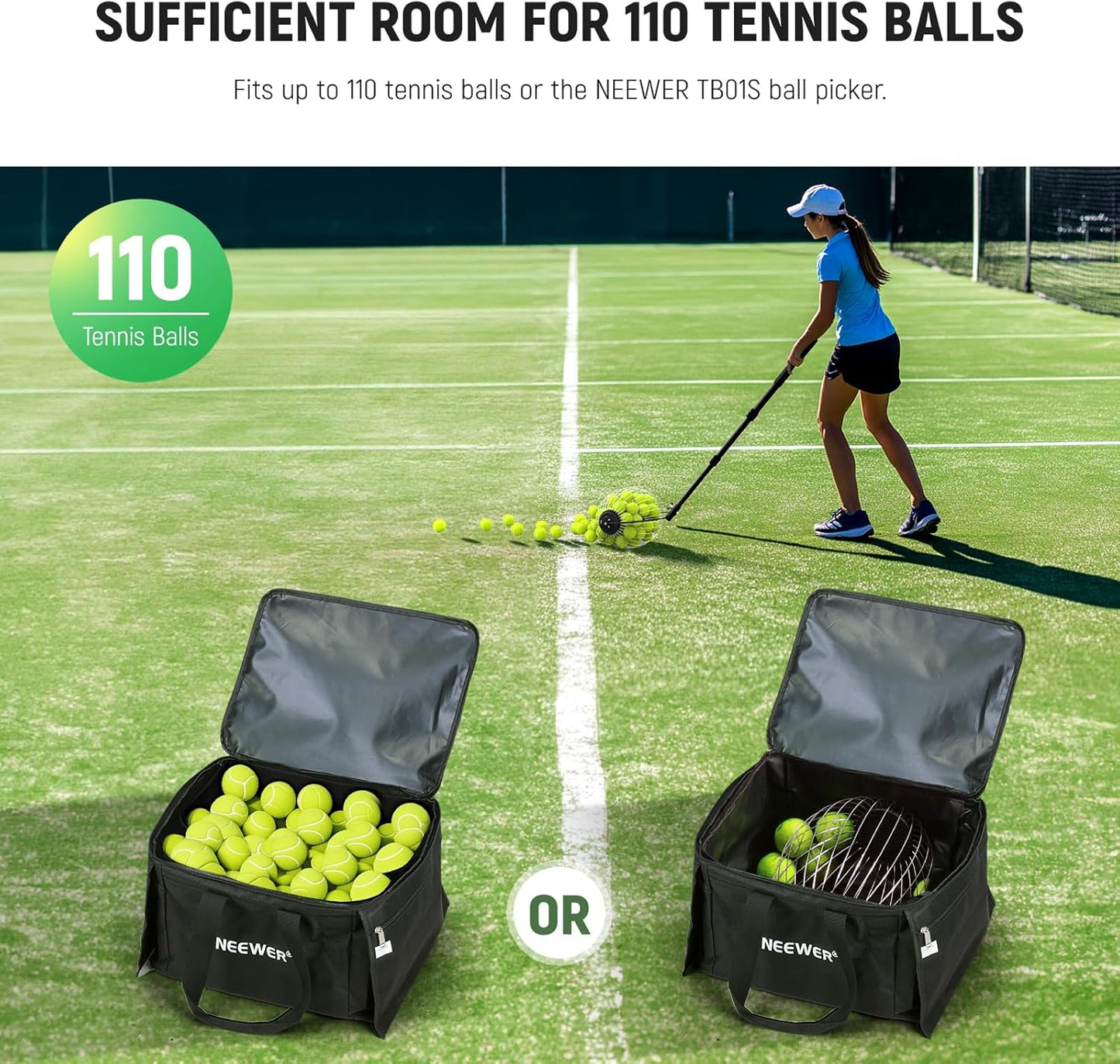 Tennis Ball Hopper, 30-58' Telescopic Golf Ball Retriever Pickleball Picker Upper, Rolling Collector Basket