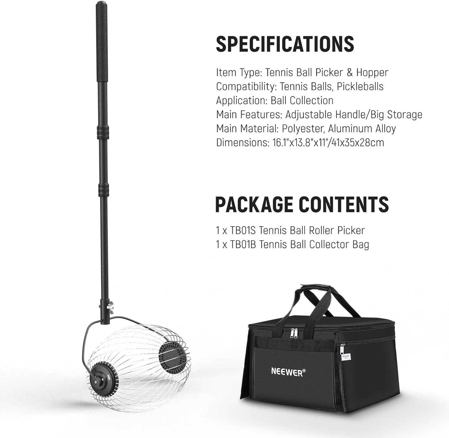 Tennis Ball Hopper, 30-58' Telescopic Golf Ball Retriever Pickleball Picker Upper, Rolling Collector Basket