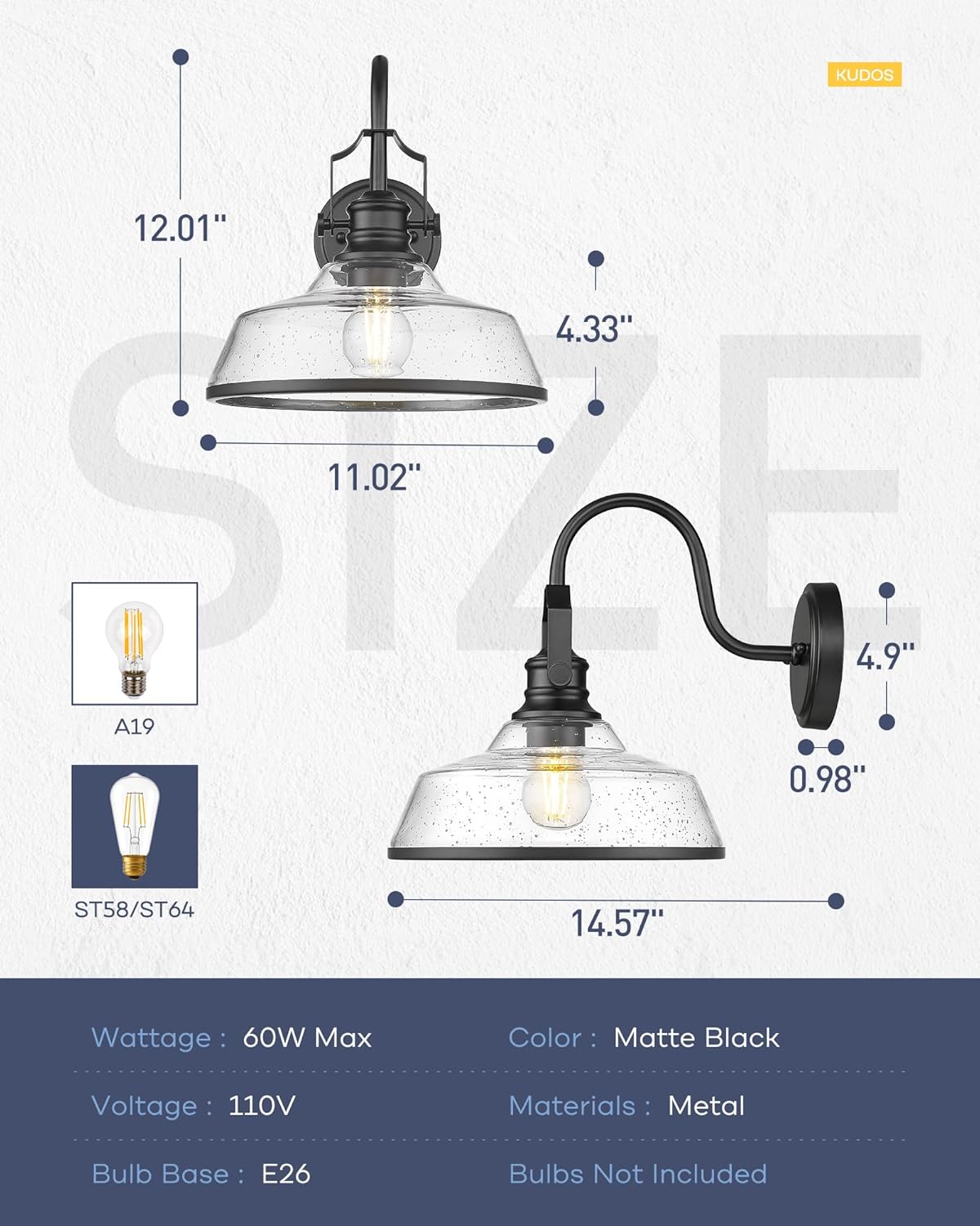 2-Pack Outdoor Wall Sconce Lights with E26 Bulb Socket and 11' Bubble Glass Lampshade