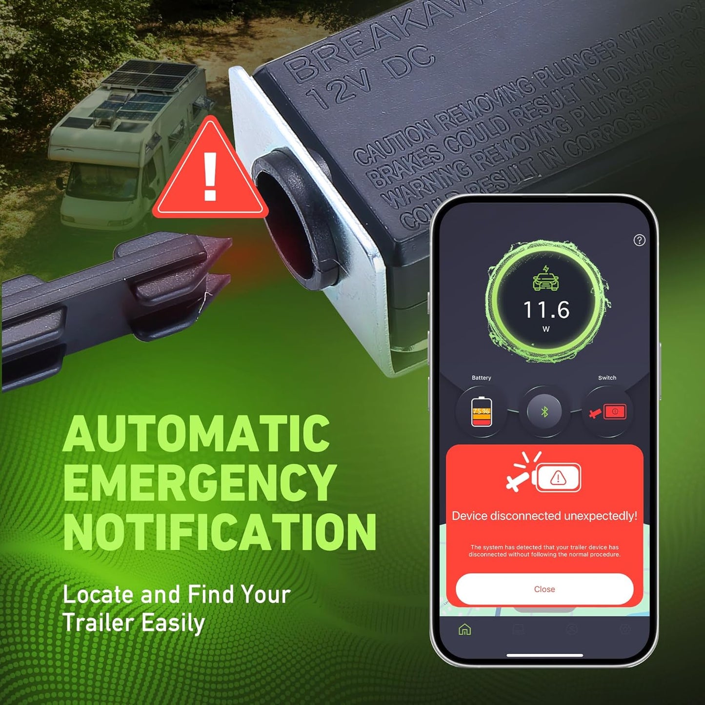 Helios 88211 Trailer Breakaway Kit with LED Indicator, Bluetooth and Mobile App, Water-Resistant