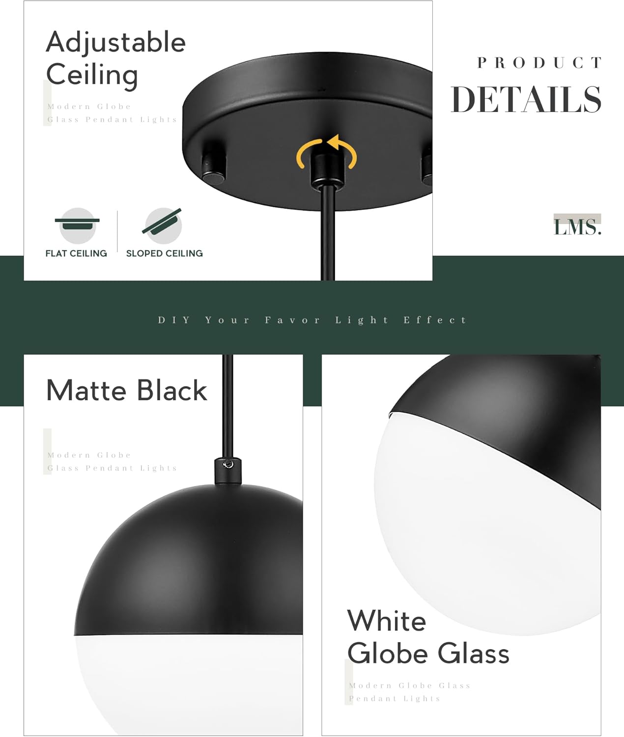 LMS 10 Inch Globe Pendant Lights, Oil Rubbed Bronze with White Globe Glass Shade