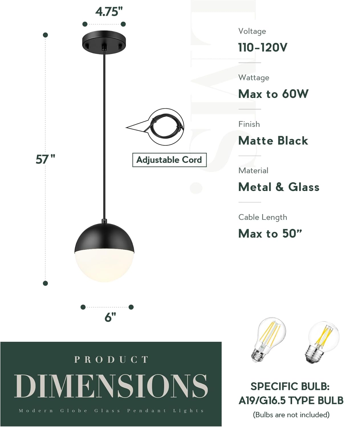 LMS 10 Inch Globe Pendant Lights, Oil Rubbed Bronze with White Globe Glass Shade