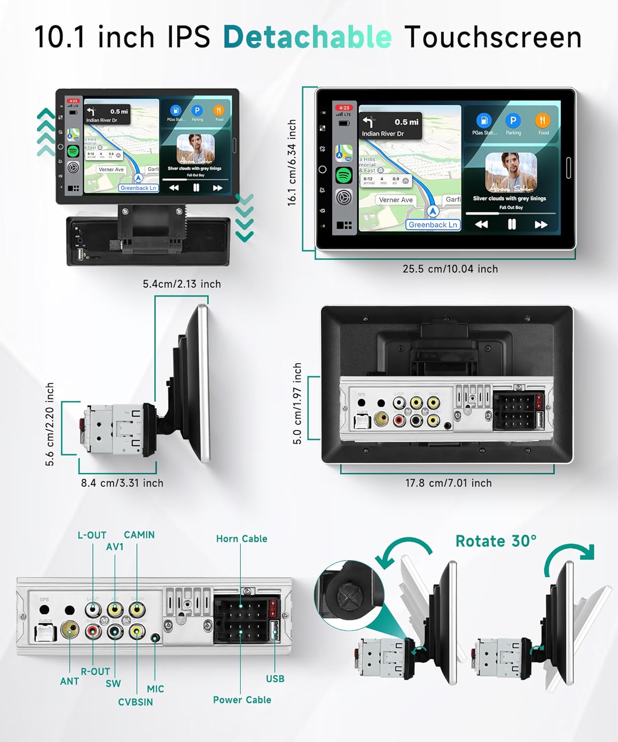 10.1 inch Single Din Car Stereo, AM/FM/RDS, Carplay Android Auto, Adjustable Touch Screen, Bluetooth