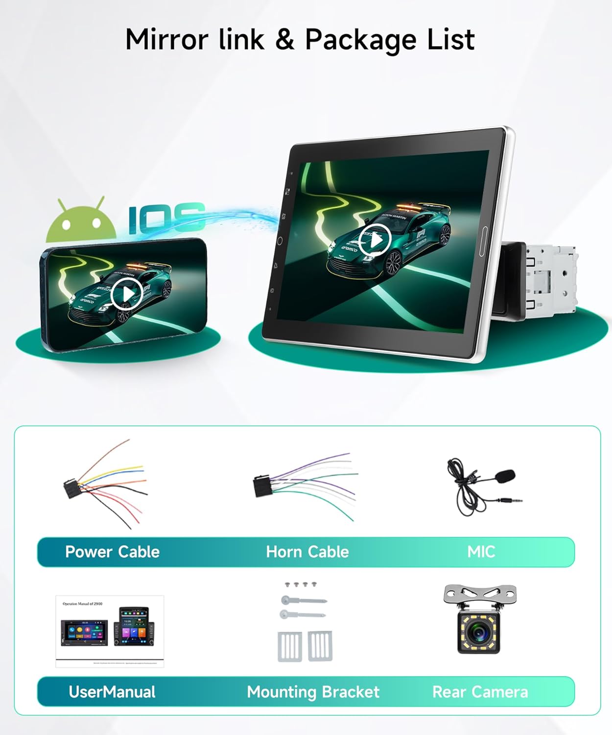 10.1 inch Single Din Car Stereo, AM/FM/RDS, Carplay Android Auto, Adjustable Touch Screen, Bluetooth