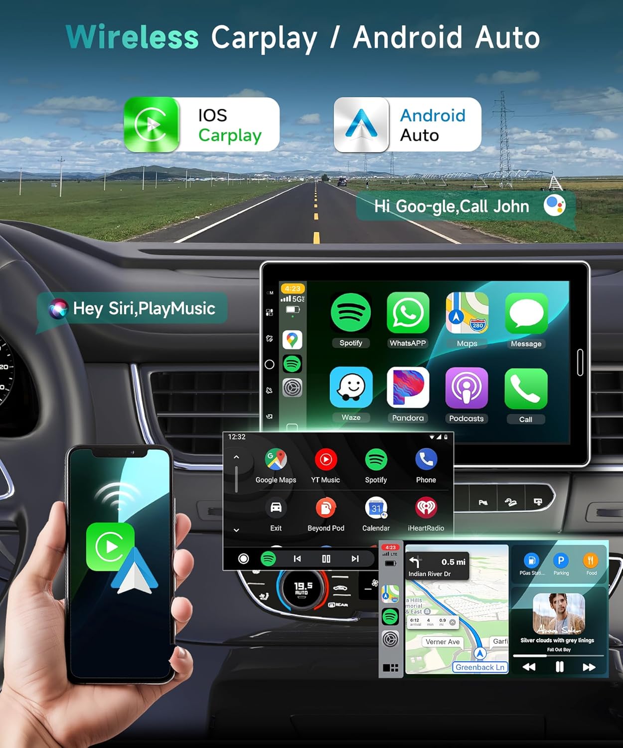 10.1 inch Single Din Car Stereo, AM/FM/RDS, Carplay Android Auto, Adjustable Touch Screen, Bluetooth