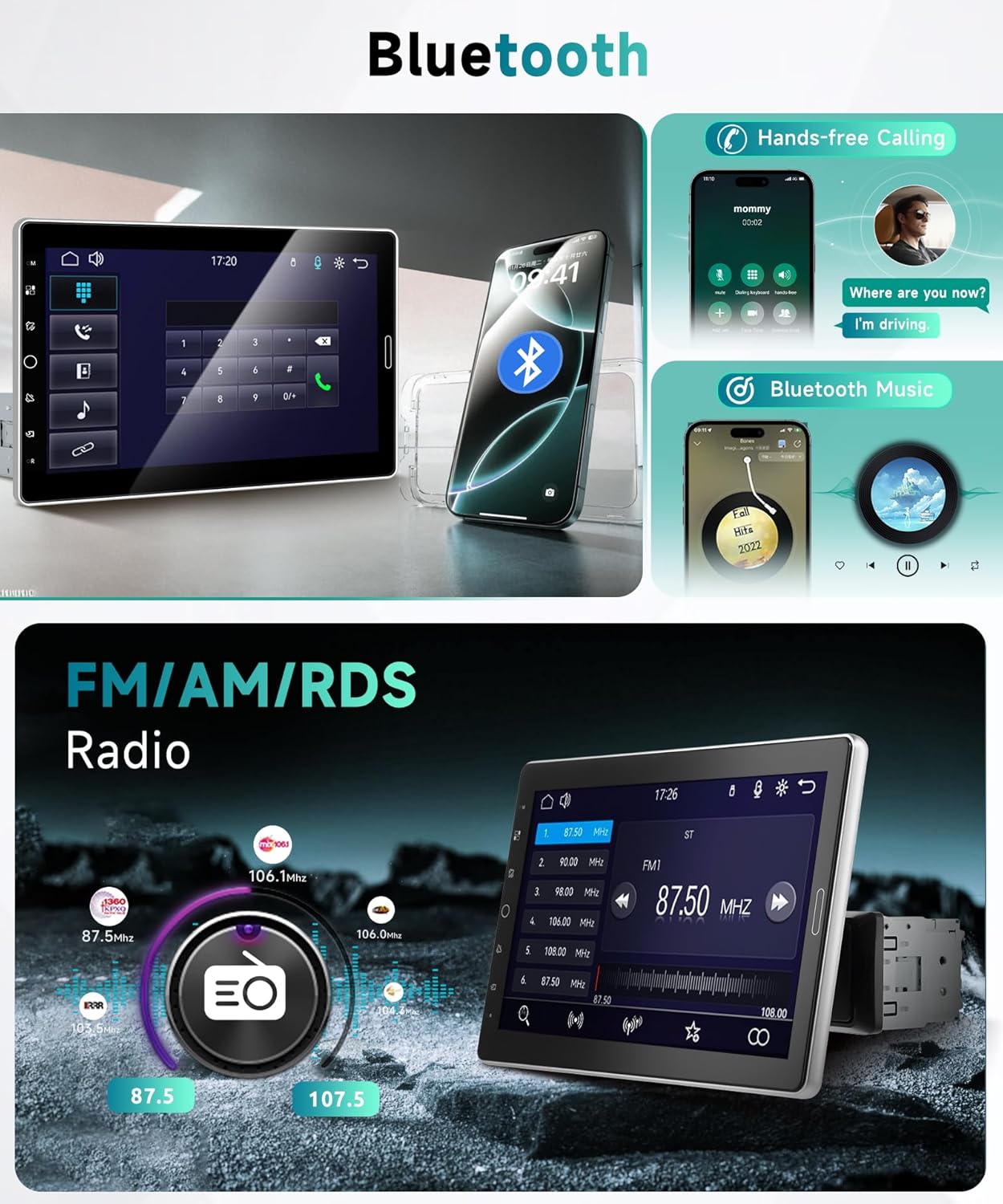10.1 inch Single Din Car Stereo, AM/FM/RDS, Carplay Android Auto, Adjustable Touch Screen, Bluetooth