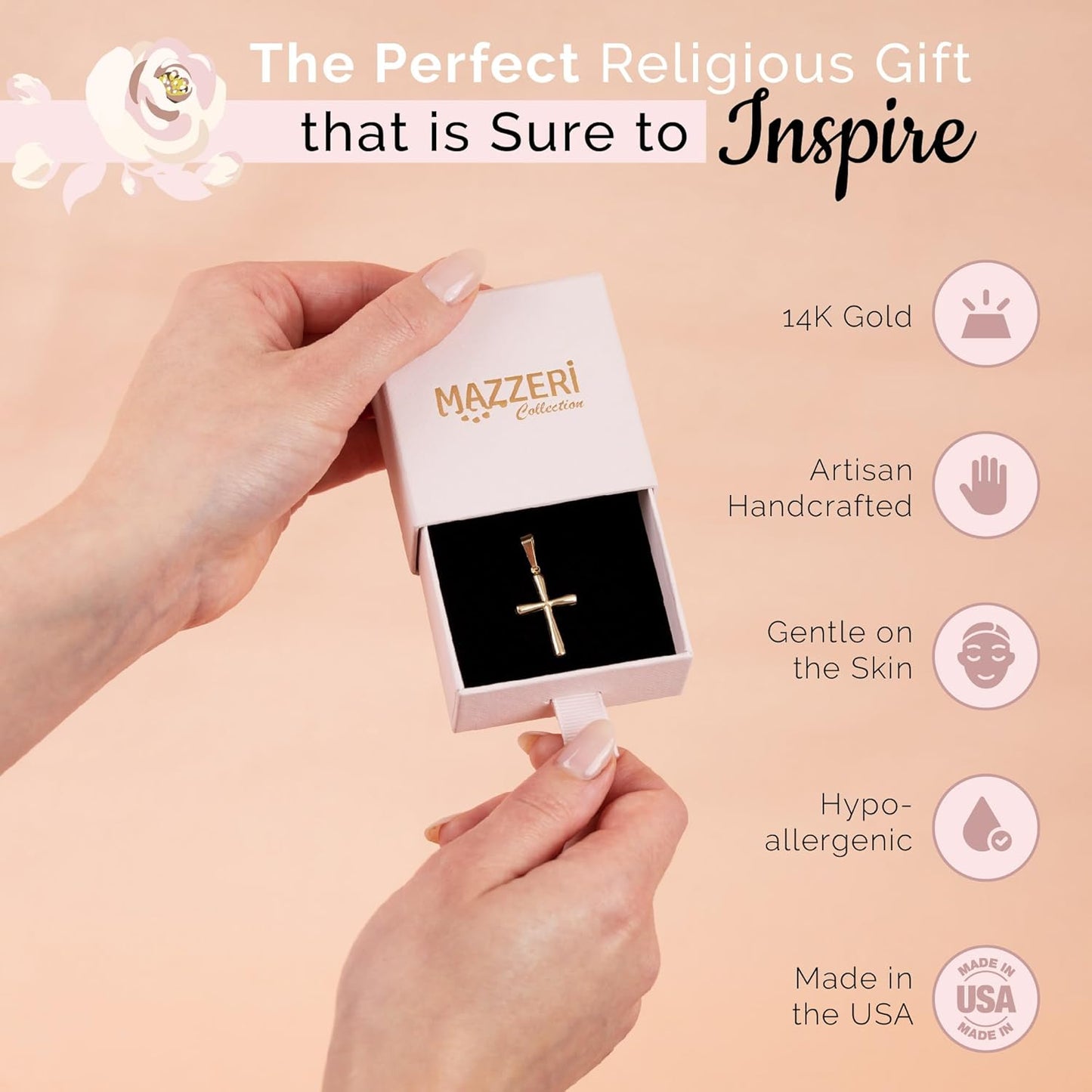 14k Gold Cross Pendant, Hypoallergenic Gold Religious Charms for Men and Women, Handcrafted in the USA