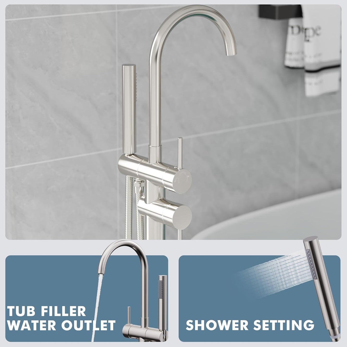GIMILI Free Standing Tub Filler Bathtub Faucet Stand Alone Brushed Nickel