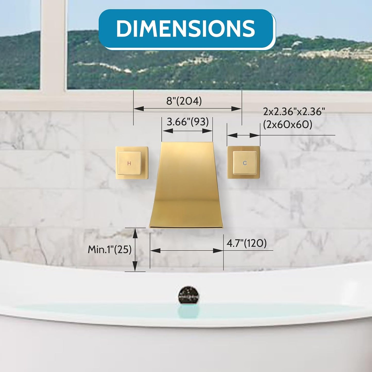 Wall Mount Waterfall Tub Filler, High Flow Bath Tub Faucet 3 Holes Bathroom Faucets Two Handles Solid Brass, Brushed Gold