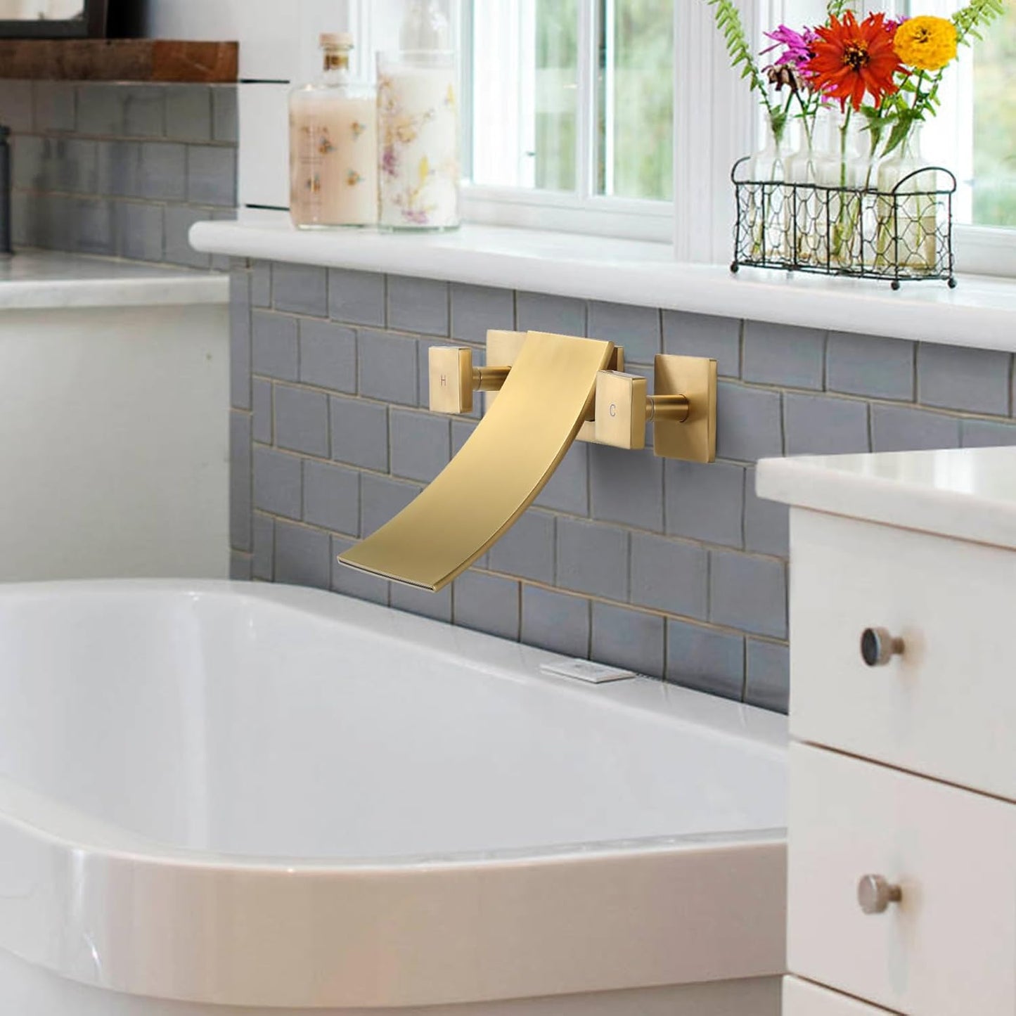 Wall Mount Waterfall Tub Filler, High Flow Bath Tub Faucet 3 Holes Bathroom Faucets Two Handles Solid Brass, Brushed Gold