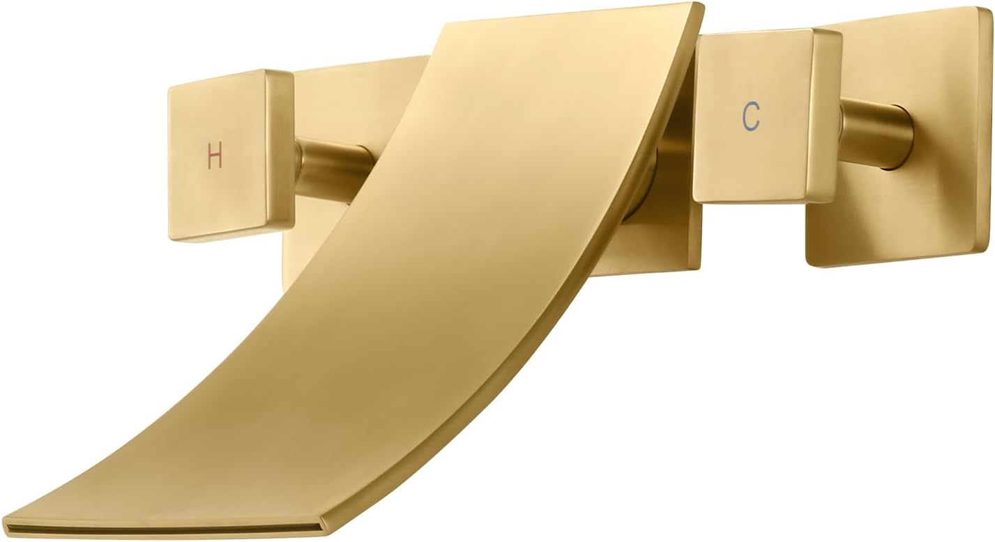 Wall Mount Waterfall Tub Filler, High Flow Bath Tub Faucet 3 Holes Bathroom Faucets Two Handles Solid Brass, Brushed Gold