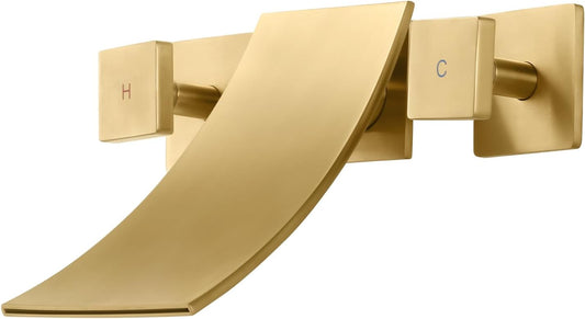 Wall Mount Waterfall Tub Filler, High Flow Bath Tub Faucet 3 Holes Bathroom Faucets Two Handles Solid Brass, Brushed Gold