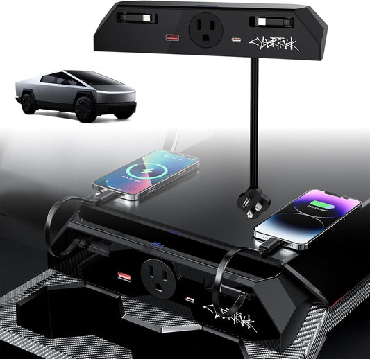 Cybertruck USB Charger Hub with 110V AC Outlet  Retractable Cables Seamless Integration