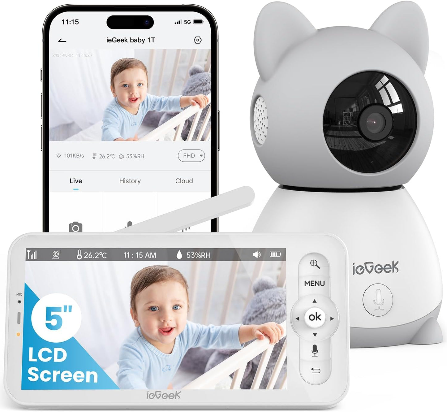 Baby Monitor with Camera and Audio 2K Video Monitor with Screen, Night Vision, Two-Way Talk