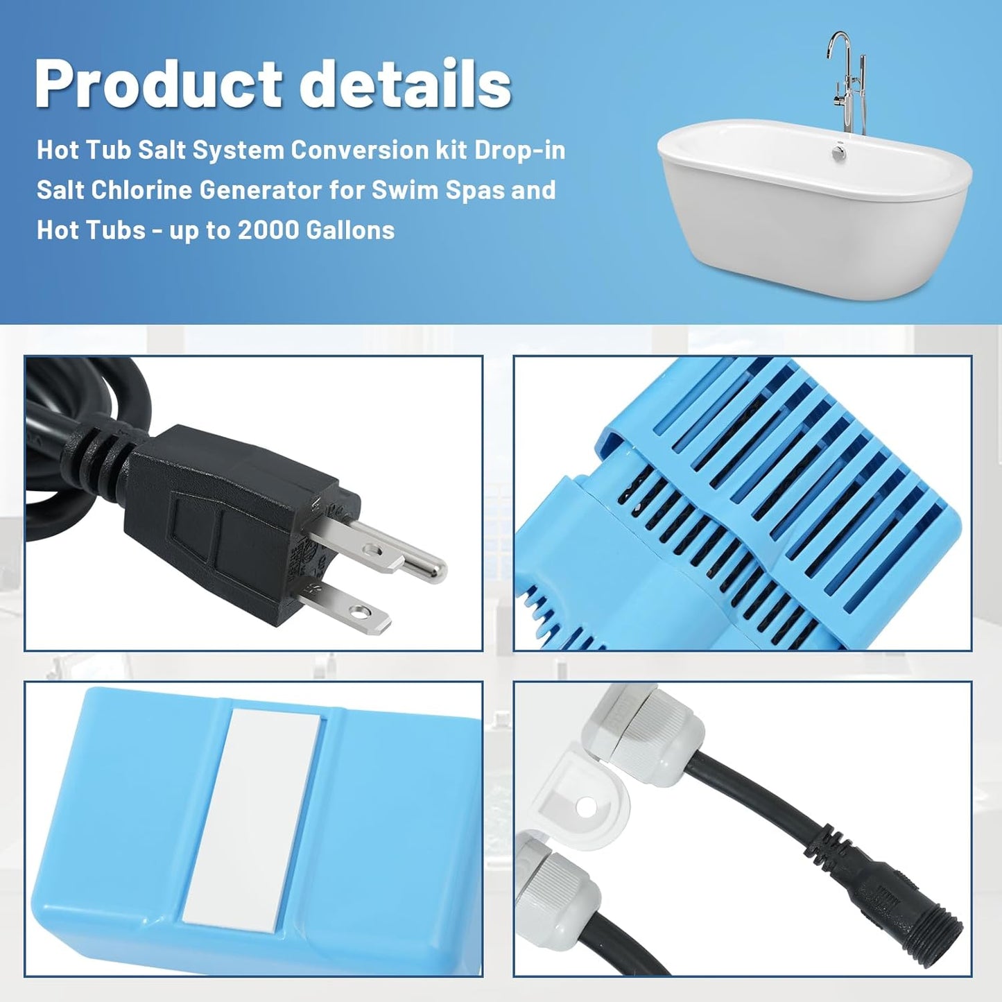 Hot Tub and Spa Salt System Conversion kit, Drop-in Salt Chlorine Generator for up to 2000 Gallons