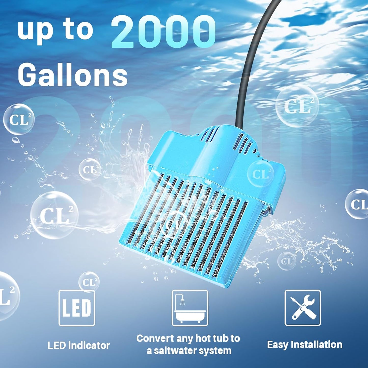 Hot Tub and Spa Salt System Conversion kit, Drop-in Salt Chlorine Generator for up to 2000 Gallons