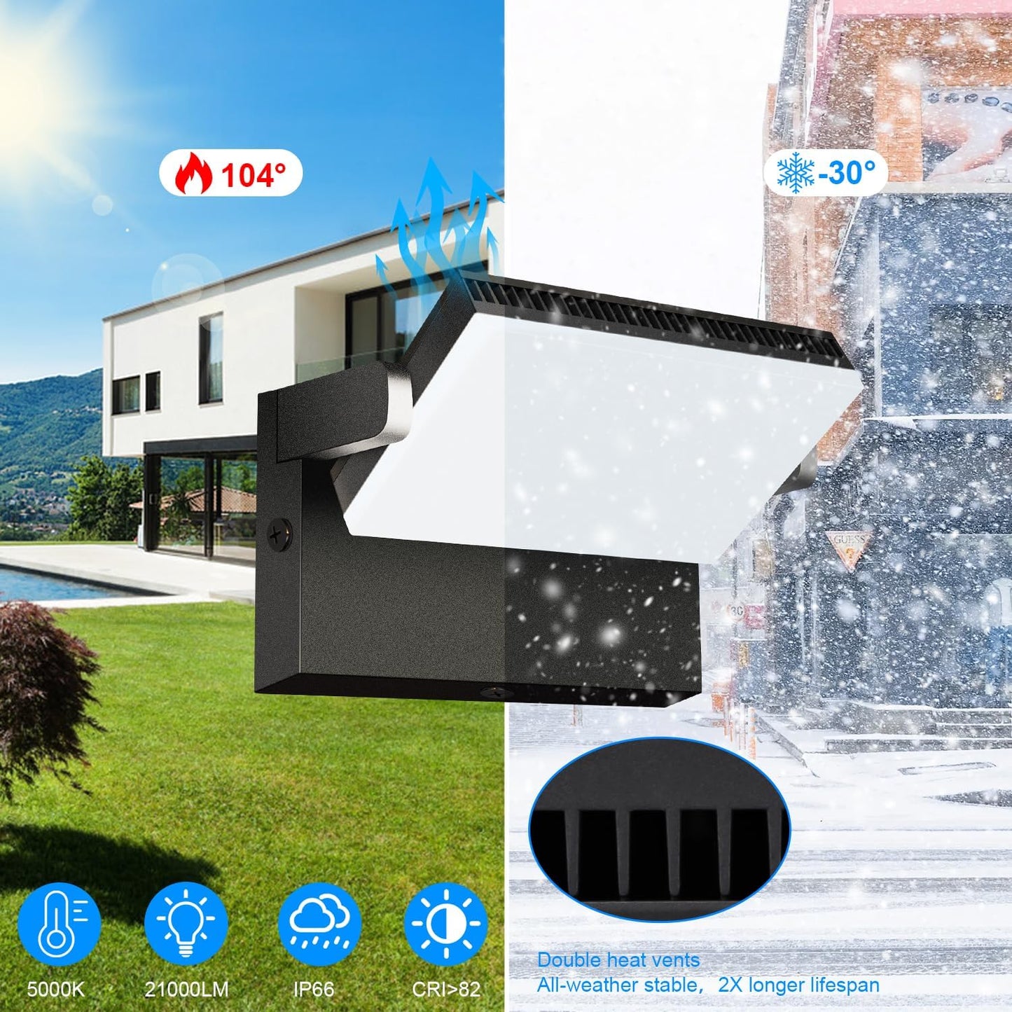 150W Outdoor LED Wall Pack, Full 360 Rotation Exterior Porch Light, 21000lm 5000k, Modern Security