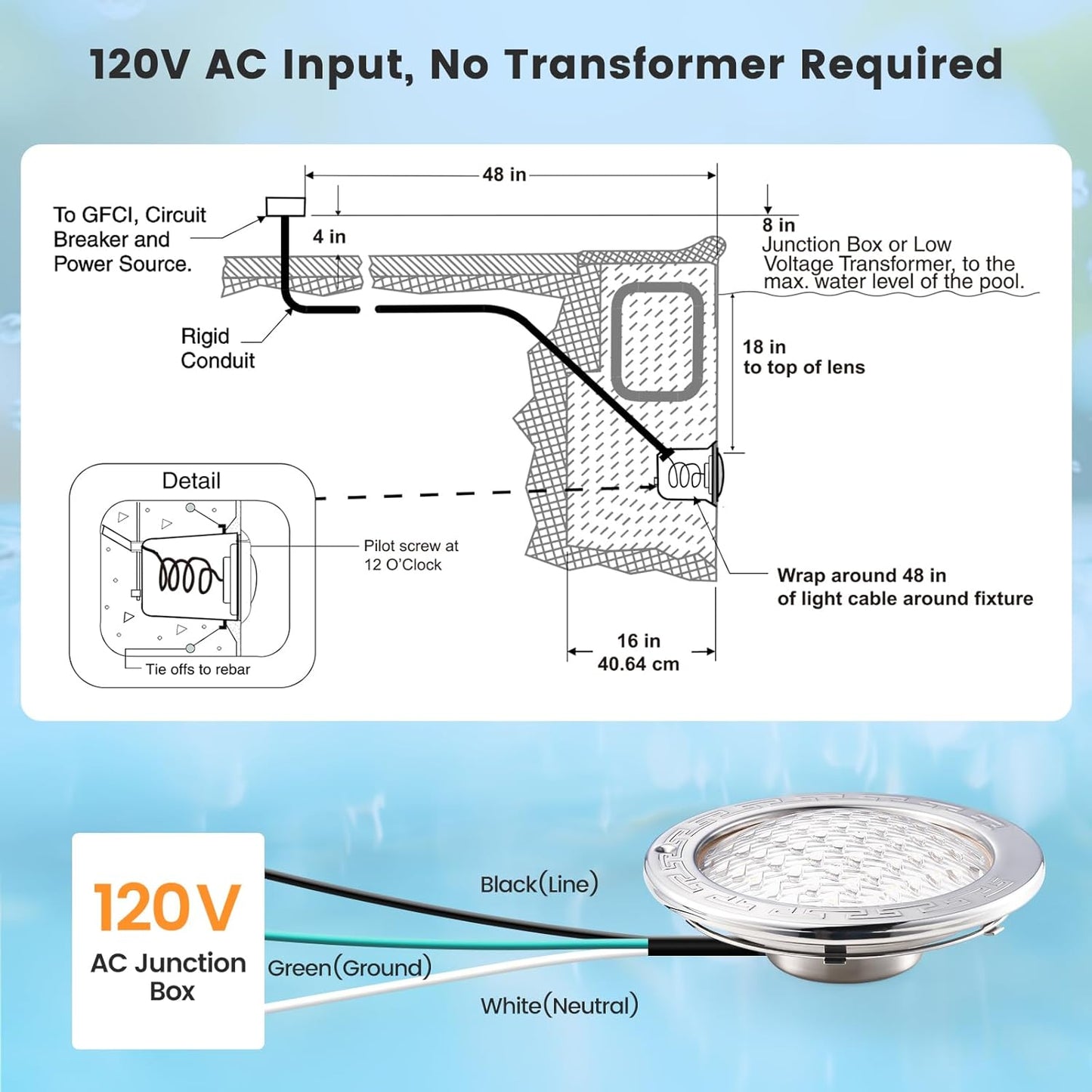 10 Inch 120V LED Pool Lights for Inground Pool, 5000 Lumen Cool White Inground Pool Light, 50W LED (500W eq)