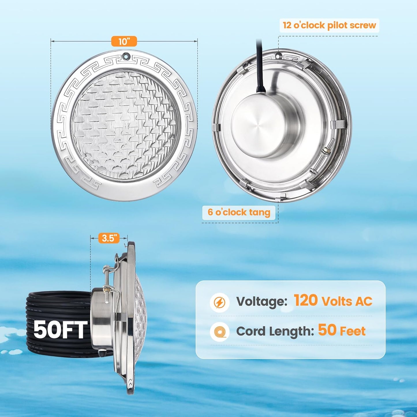 10 Inch 120V LED Pool Lights for Inground Pool, 5000 Lumen Cool White Inground Pool Light, 50W LED (500W eq)