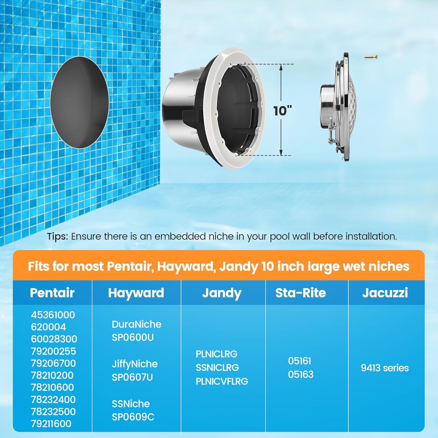 10 Inch 120V LED Pool Lights for Inground Pool, 5000 Lumen Cool White Inground Pool Light, 50W LED (500W eq)